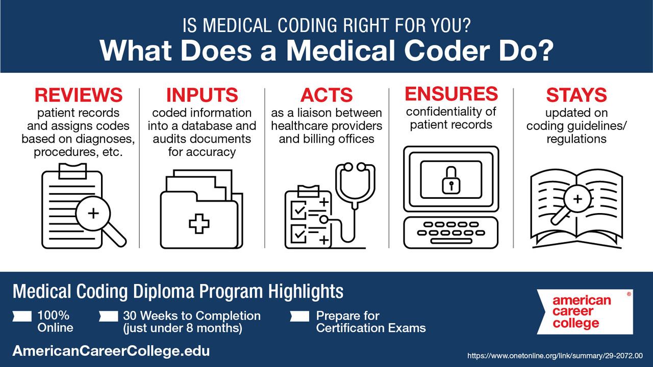 What does a medical coder do? Reviews patient records and assigns codes, inputs coded information, acts as a liaison between healthcare providers and billing offices, ensures confidentiality, stays updated on guidelines